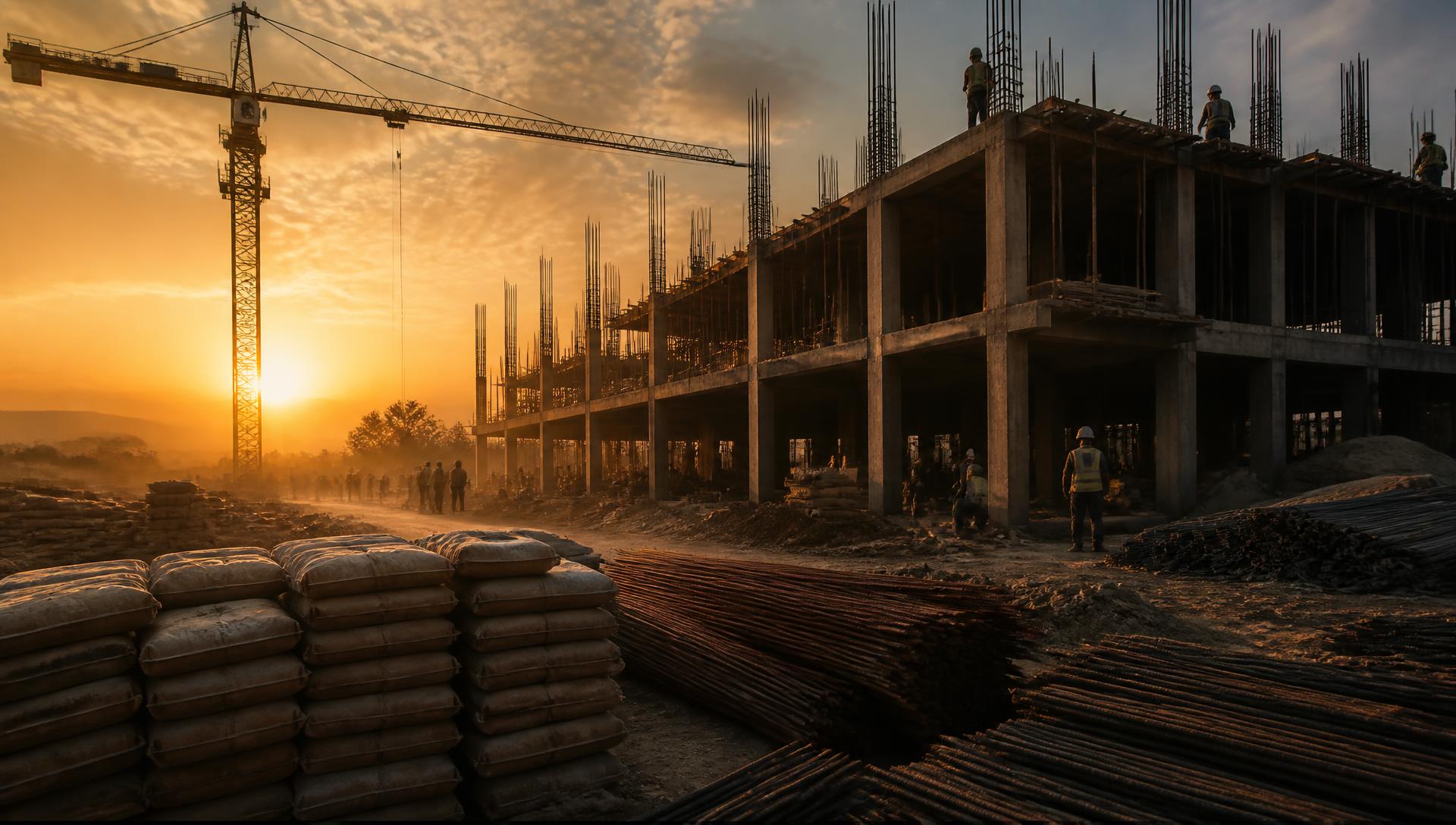 Construction site in Zanzibar with cement bags and steel reinforcement bars supplied by BRIXA